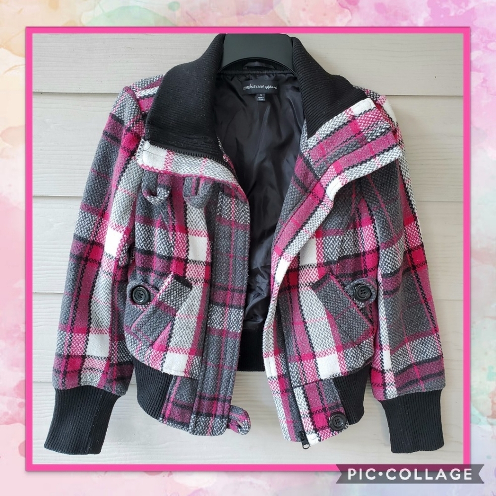 ambiance apparel Multicolored Plaid Knit Zip-up Winter Bomber Jacket Coat